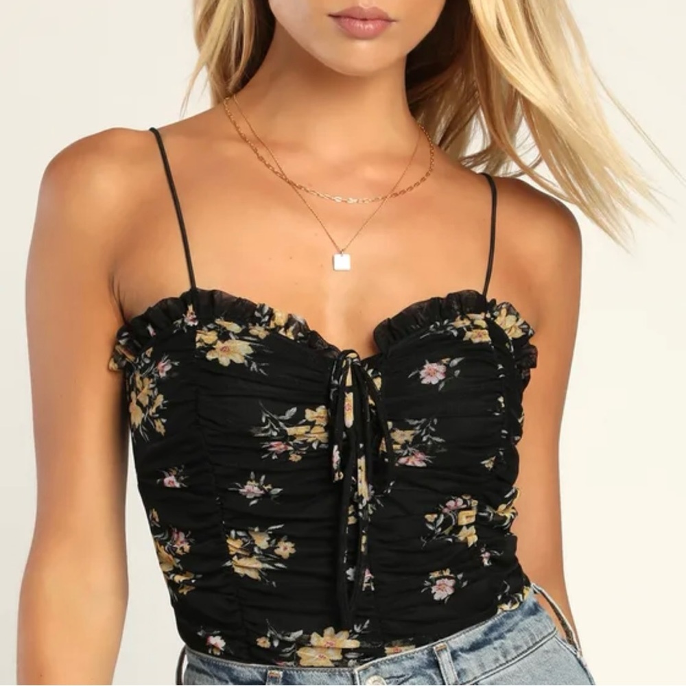 Black Floral Print Ruched Mesh Bodysuit